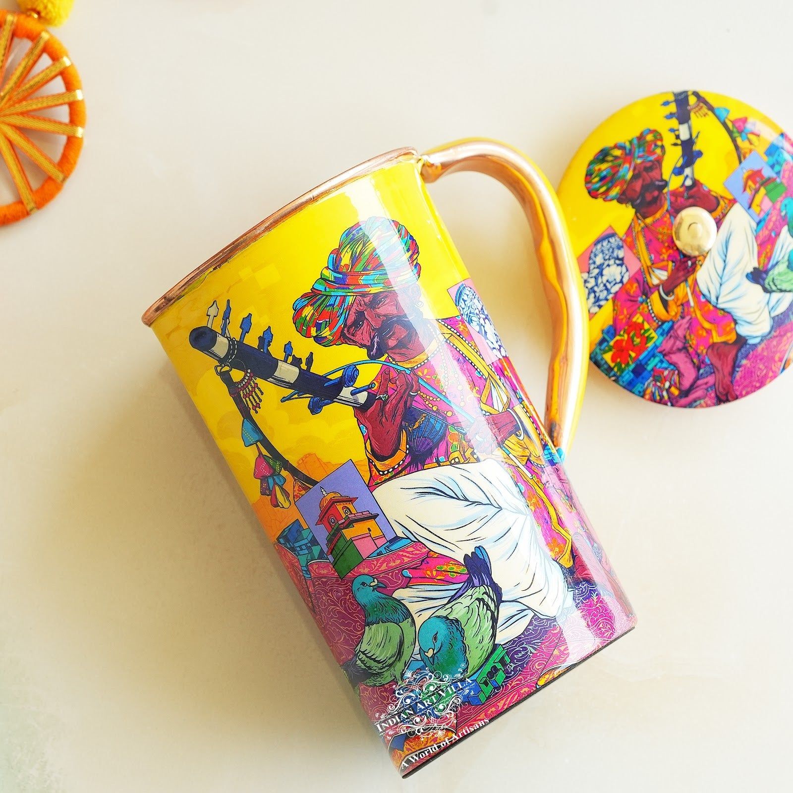 Pure copper printed jug padharo mhare desh design rajsthanimusician, 1500 ML
